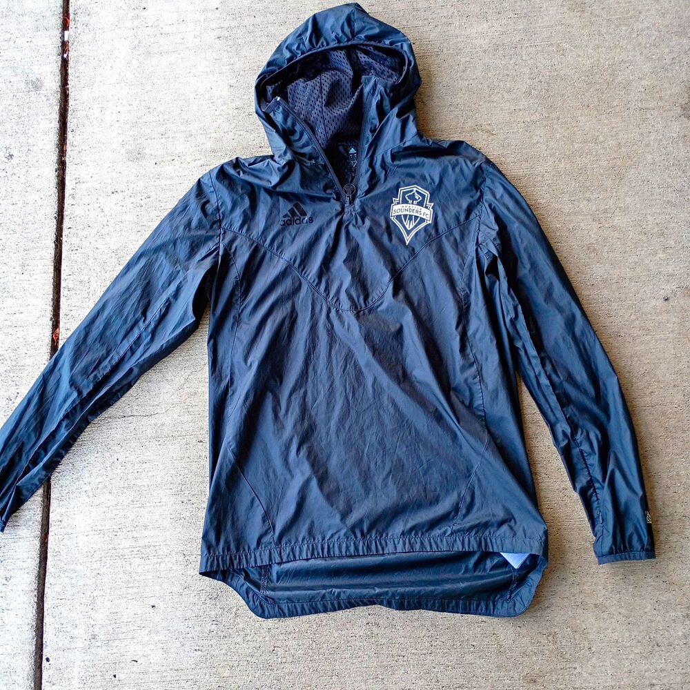 adidas Seattle Sounders FC Men's Hooded Lightweight Windbreaker Jacket Gray S